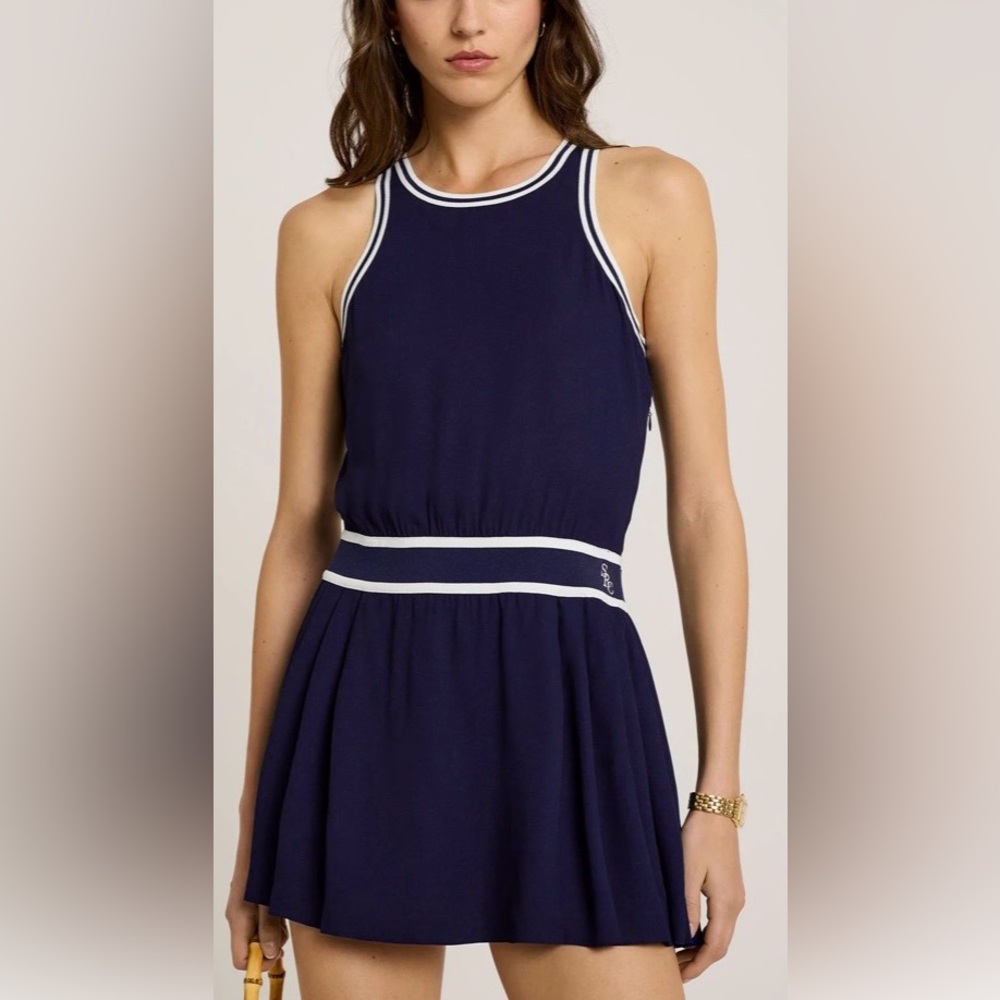 Sporty & Rich Women’s Phoebe Tennis Pleated Mini Tank Dress – Navy/White – XS